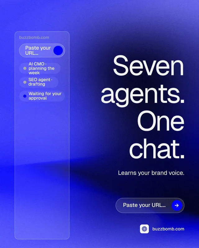 Instagram portrait post for BuzzBomb: "Seven agents. One chat." Agentic glass style, right layout, dark palette in blue.