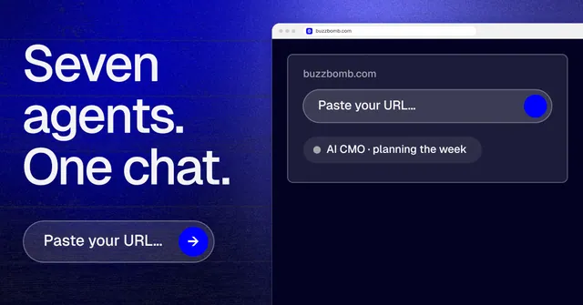 Social ad for BuzzBomb: "Seven agents. One chat." Agentic glass style, browser layout, dark palette in black, blue.