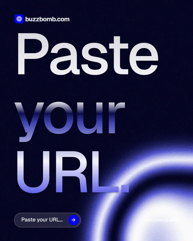 Instagram portrait post for BuzzBomb: "Paste your URL." Agentic glass style, poster layout, dark palette in black, blue.