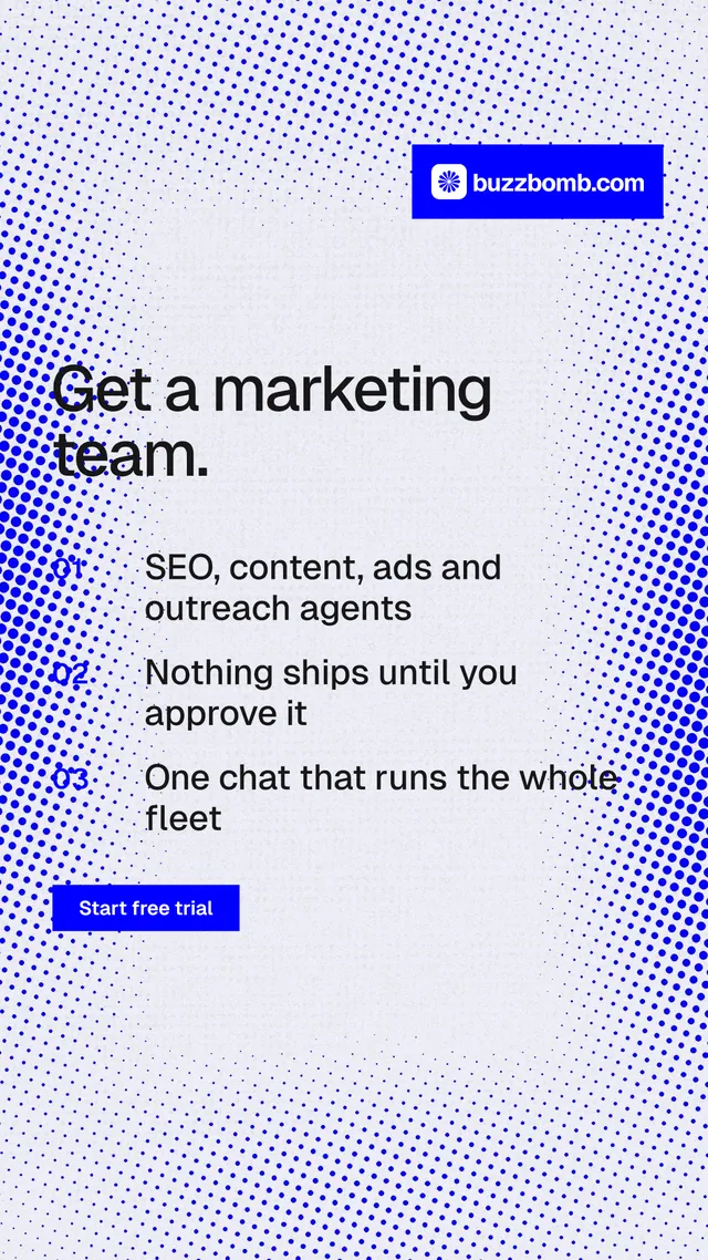 Instagram story for BuzzBomb: "Get a marketing team." Swiss style, numbered layout, light palette in blue, white.