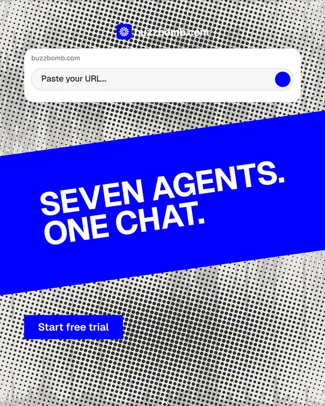Instagram portrait post for BuzzBomb: "Seven agents. One chat." Swiss style, diagonal layout, light palette in grey, blue, white.