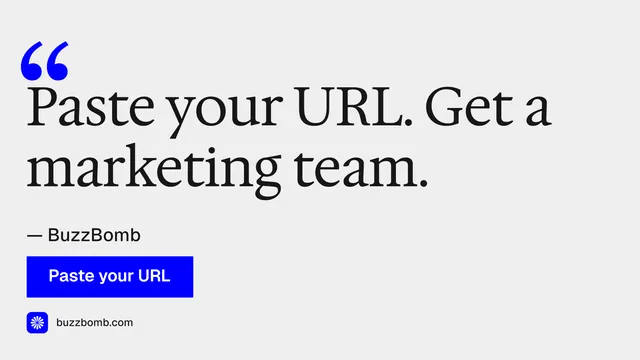 Landscape graphic for BuzzBomb: "Get a marketing team." Swiss style, quote layout, light palette in white, blue.