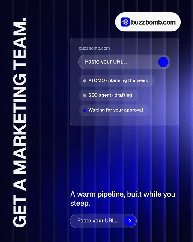 Instagram portrait post for BuzzBomb: "Get a marketing team." Agentic glass style, vertical layout, dark palette in black, blue.