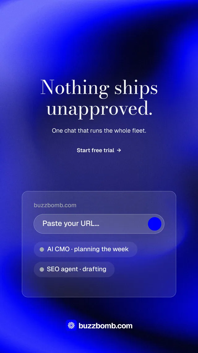Instagram story for BuzzBomb: "Nothing ships unapproved." Minimal luxury style, centred layout, dark palette in blue.