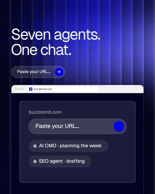 Instagram portrait post for BuzzBomb: "Seven agents. One chat." Agentic glass style, browser layout, dark palette in blue, black.