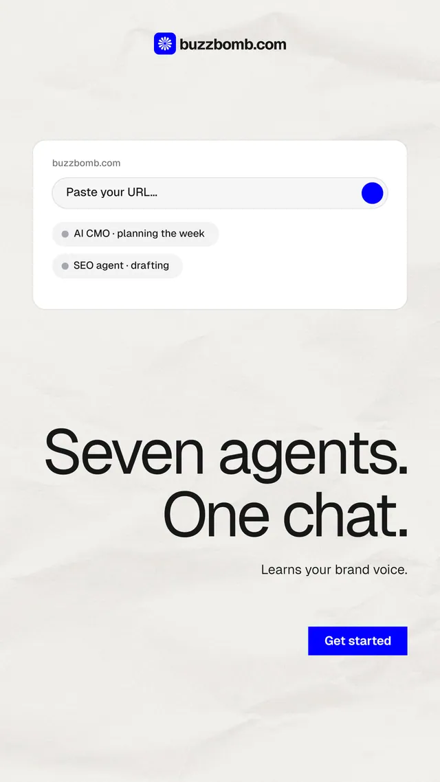 Instagram story for BuzzBomb: "Seven agents. One chat." Swiss style, right layout, light palette in white, grey.