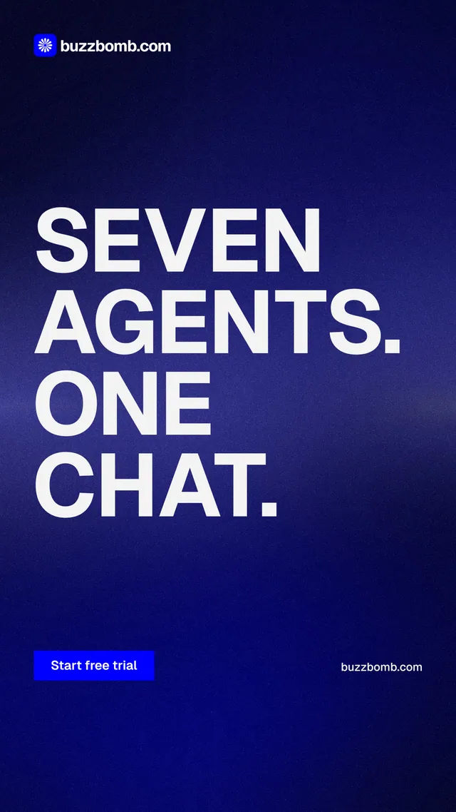 Instagram story for BuzzBomb: "Seven agents. One chat." Swiss style, poster layout, dark palette in blue.
