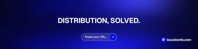 LinkedIn banner for BuzzBomb: "Distribution, solved." Agentic glass style, centred layout, dark palette in blue.
