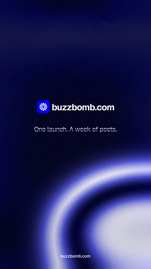 Instagram story for BuzzBomb: "One launch. A week of posts." Agentic glass style, end card layout, dark palette in black, blue.
