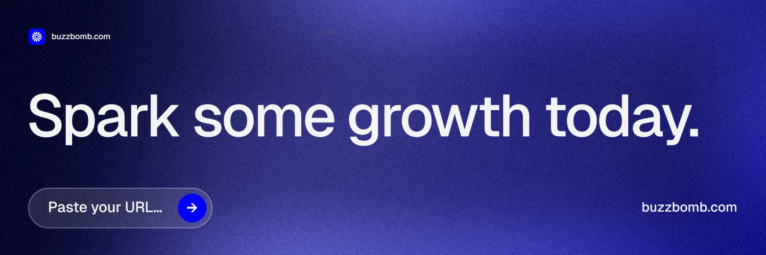 X header for BuzzBomb: "Spark some growth today." Agentic glass style, poster layout, dark palette in blue.