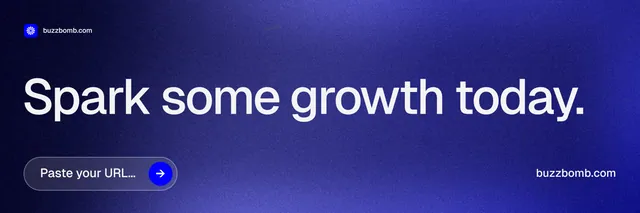 X header for BuzzBomb: "Spark some growth today." Agentic glass style, poster layout, dark palette in blue.
