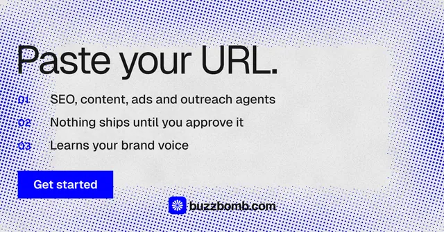 Social ad for BuzzBomb: "Paste your URL." Swiss style, numbered layout, light palette in blue, white.