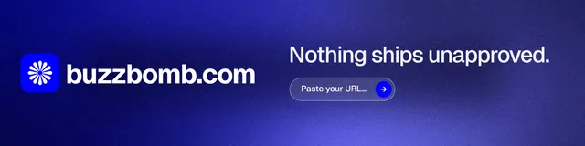 LinkedIn banner for BuzzBomb: "Nothing ships unapproved." Agentic glass style, logo hero layout, dark palette in blue.
