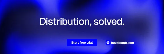 X header for BuzzBomb: "Distribution, solved." Swiss style, centred layout, dark palette in blue.