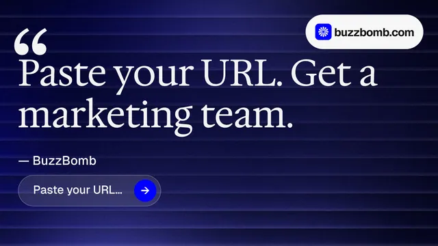 Landscape graphic for BuzzBomb: "Paste your URL." Agentic glass style, quote layout, dark palette in blue, black, grey.