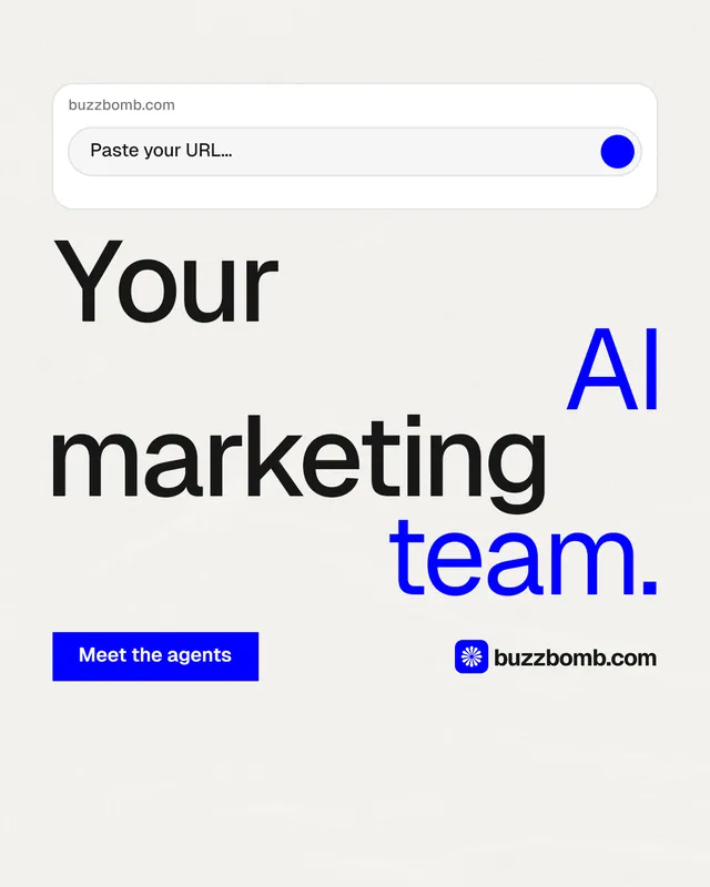 Instagram portrait post for BuzzBomb: "Your AI marketing team." Swiss style, stacked layout, light palette in white, blue.