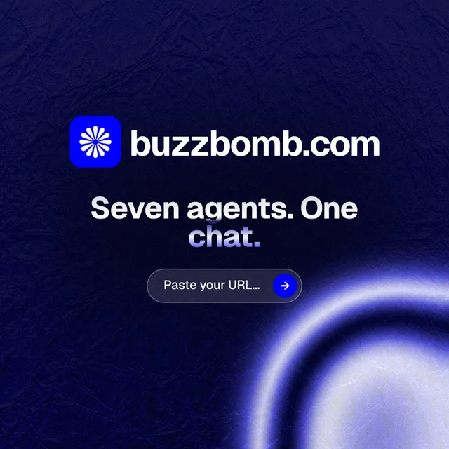 Instagram post for BuzzBomb: "Seven agents. One chat." Agentic glass style, logo hero layout, dark palette in blue, black.
