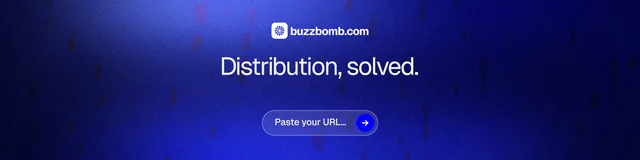LinkedIn banner for BuzzBomb: "Distribution, solved." Agentic glass style, centred layout, dark palette in blue.