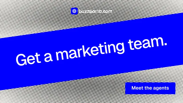 Landscape graphic for BuzzBomb: "Get a marketing team." Swiss style, diagonal layout, dark palette in blue, grey.