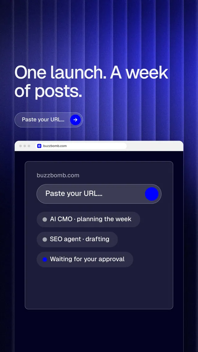 Instagram story for BuzzBomb: "One launch. A week of posts." Agentic glass style, browser layout, dark palette in blue, black.