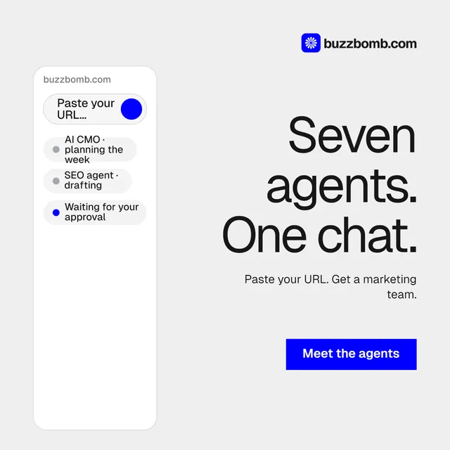 Instagram post for BuzzBomb: "Seven agents. One chat." Swiss style, right layout, light palette in white.