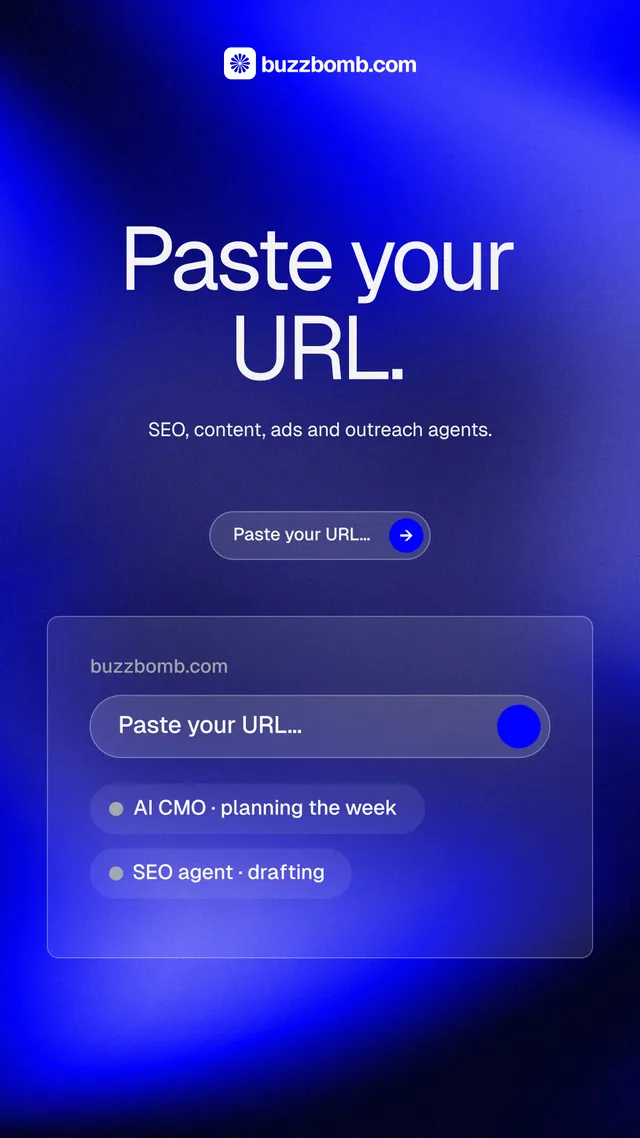Instagram story for BuzzBomb: "Paste your URL." Agentic glass style, centred layout, dark palette in blue.