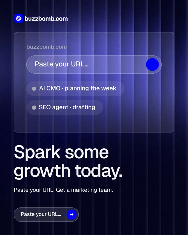 Instagram portrait post for BuzzBomb: "Spark some growth today." Agentic glass style, bottom layout, dark palette in blue, black.