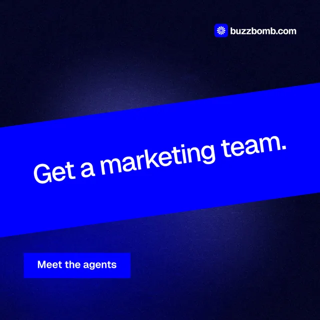 Instagram post for BuzzBomb: "Get a marketing team." Swiss style, diagonal layout, dark palette in black, blue.