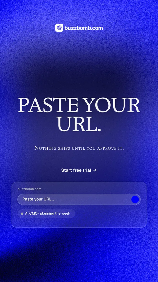 Instagram story for BuzzBomb: "Paste your URL." Swiss style, smallcaps layout, dark palette in blue.