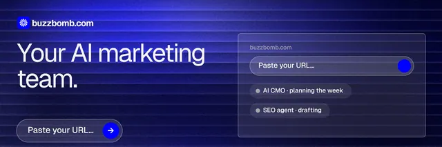 X header for BuzzBomb: "Your AI marketing team." Agentic glass style, bottom layout, dark palette in blue.