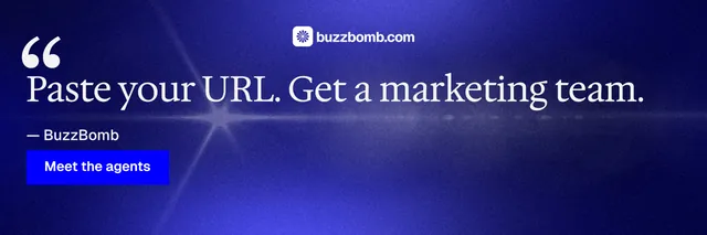 X header for BuzzBomb: "Distribution, solved." Swiss style, quote layout, dark palette in blue.