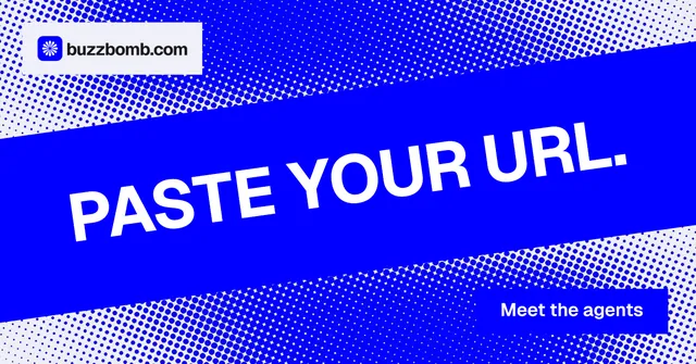 Social ad for BuzzBomb: "Paste your URL." Split block style, diagonal layout, dark palette in blue.