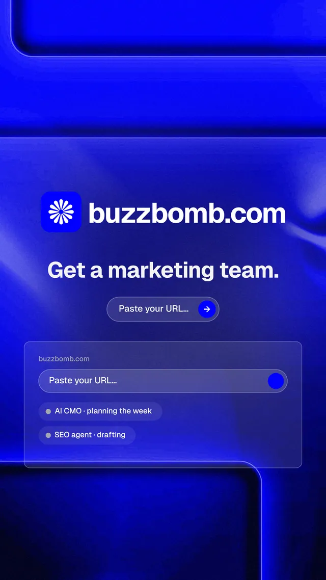 Instagram story for BuzzBomb: "Get a marketing team." Agentic glass style, logo hero layout, dark palette in blue.