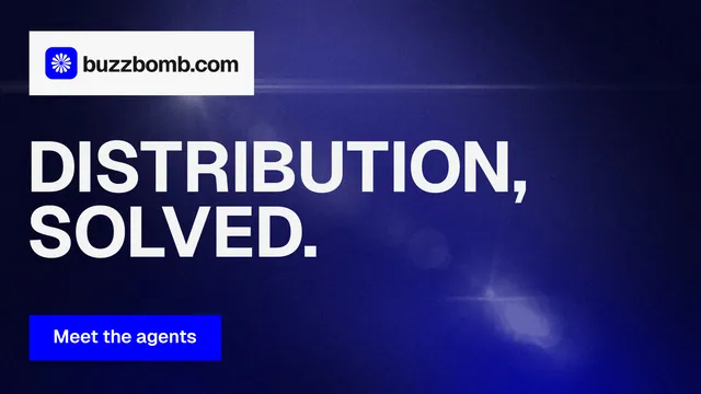 Landscape graphic for BuzzBomb: "Distribution, solved." Swiss style, announce layout, dark palette in black, blue, white.