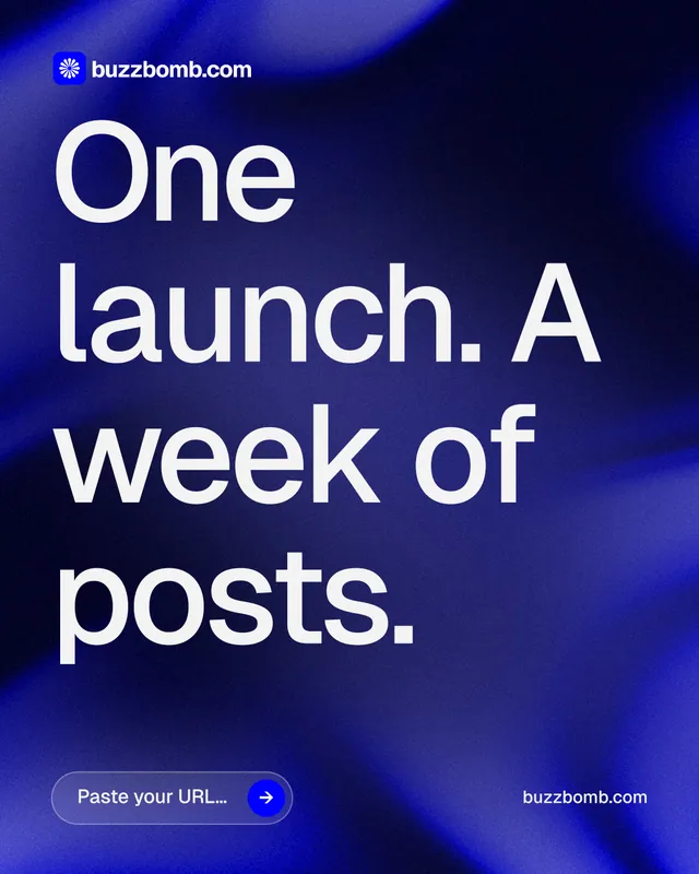 Instagram portrait post for BuzzBomb: "One launch. A week of posts." Agentic glass style, poster layout, dark palette in black, blue, grey.
