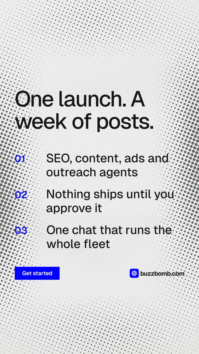 Instagram story for BuzzBomb: "One launch. A week of posts." Swiss style, numbered layout, light palette in white, grey.