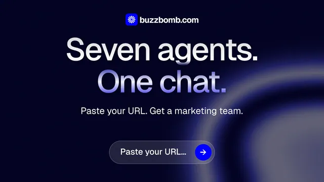 Landscape graphic for BuzzBomb: "Seven agents. One chat." Agentic glass style, centred layout, dark palette in black, grey, blue.