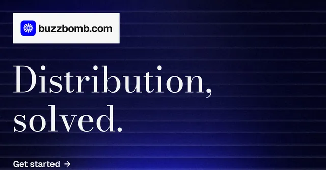 Social ad for BuzzBomb: "Distribution, solved." Minimal luxury style, announce layout, dark palette in blue, black, grey.