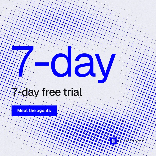 Instagram post for BuzzBomb: "Spark some growth today." Swiss style, stat layout, light palette in blue, white.