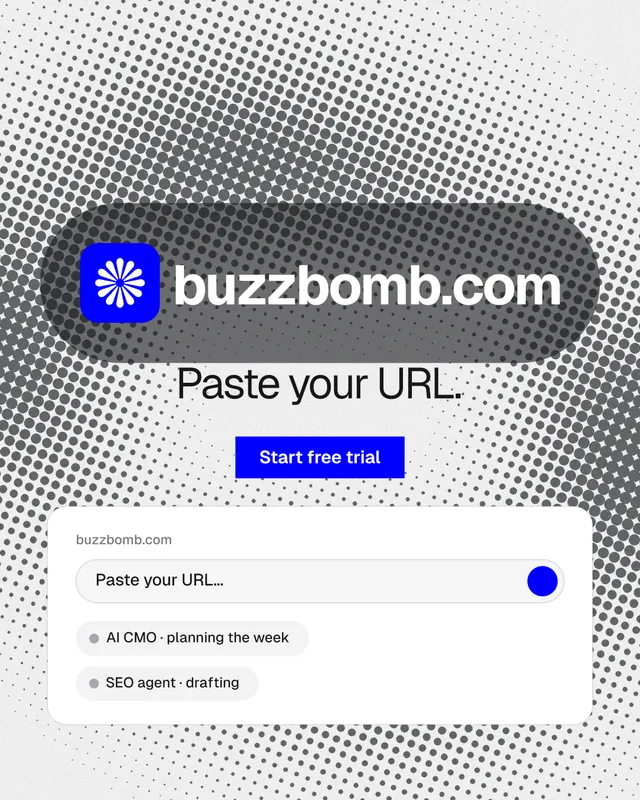 Instagram portrait post for BuzzBomb: "Paste your URL." Swiss style, logo hero layout, light palette in white, grey.