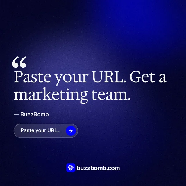 Instagram post for BuzzBomb: "Distribution, solved." Agentic glass style, quote layout, dark palette in black, blue.