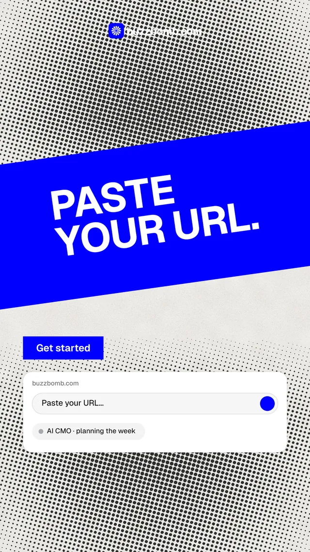 Instagram story for BuzzBomb: "Paste your URL." Swiss style, diagonal layout, light palette in grey, blue, white.