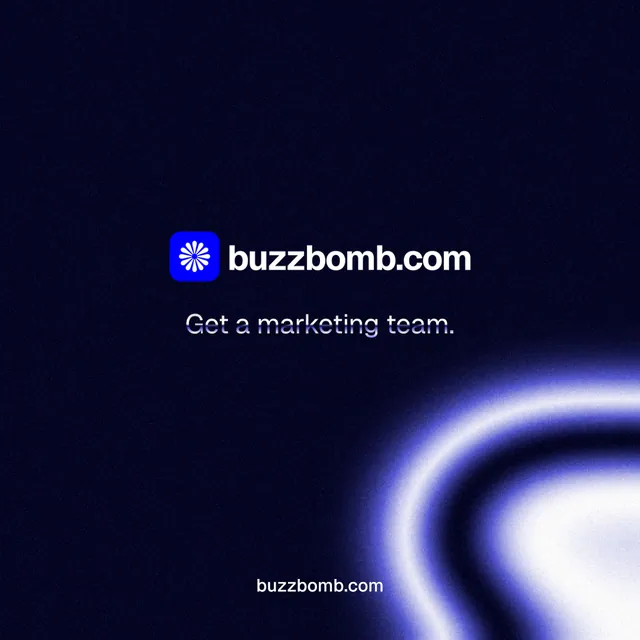 Instagram post for BuzzBomb: "Get a marketing team." Agentic glass style, end card layout, dark palette in black, blue.