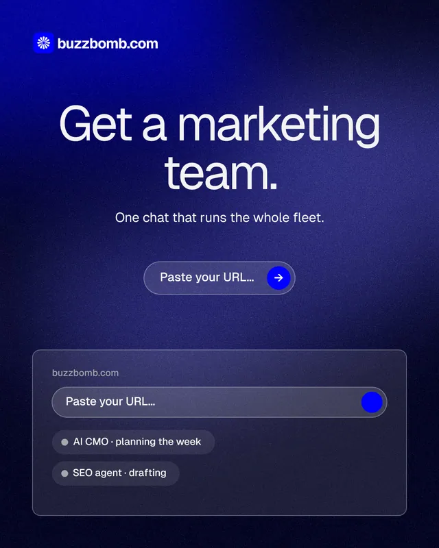 Instagram portrait post for BuzzBomb: "Get a marketing team." Agentic glass style, centred layout, dark palette in blue, black.
