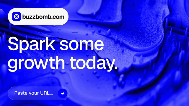 Landscape graphic for BuzzBomb: "Spark some growth today." Agentic glass style, announce layout, dark palette in blue.