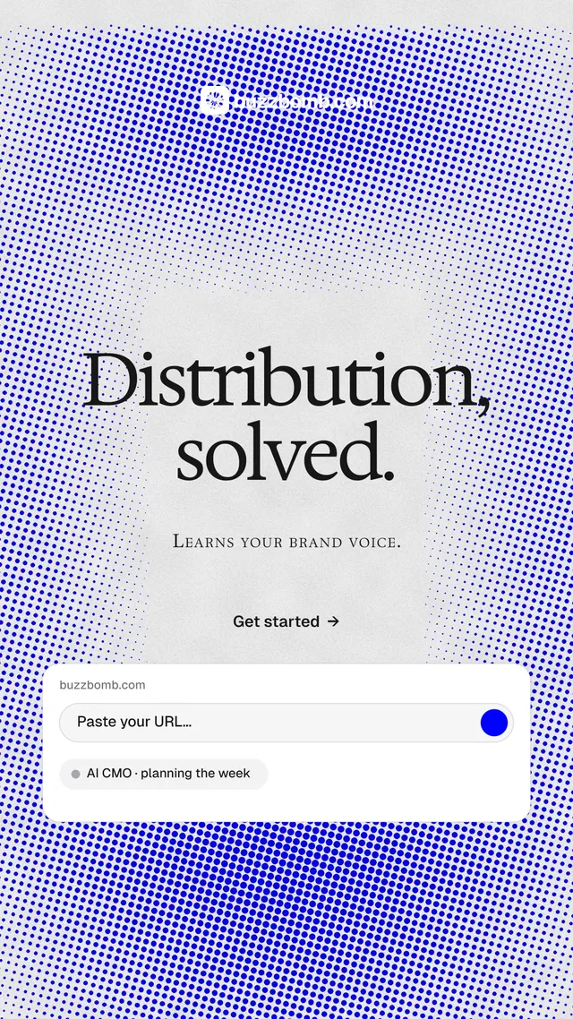 Instagram story for BuzzBomb: "Distribution, solved." Swiss style, smallcaps layout, light palette in blue, white.