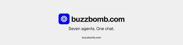 LinkedIn banner for BuzzBomb: "Seven agents. One chat." Editorial style, end card layout, light palette in white, blue.