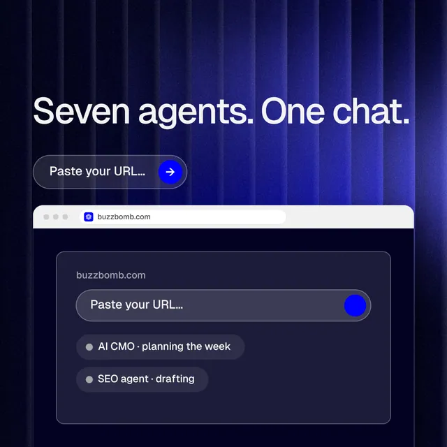 Instagram post for BuzzBomb: "Seven agents. One chat." Agentic glass style, browser layout, dark palette in black, blue, grey.