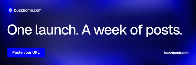 X header for BuzzBomb: "One launch. A week of posts." Swiss style, poster layout, dark palette in blue.