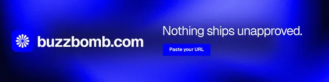 LinkedIn banner for BuzzBomb: "Nothing ships unapproved." Swiss style, logo hero layout, dark palette in blue.